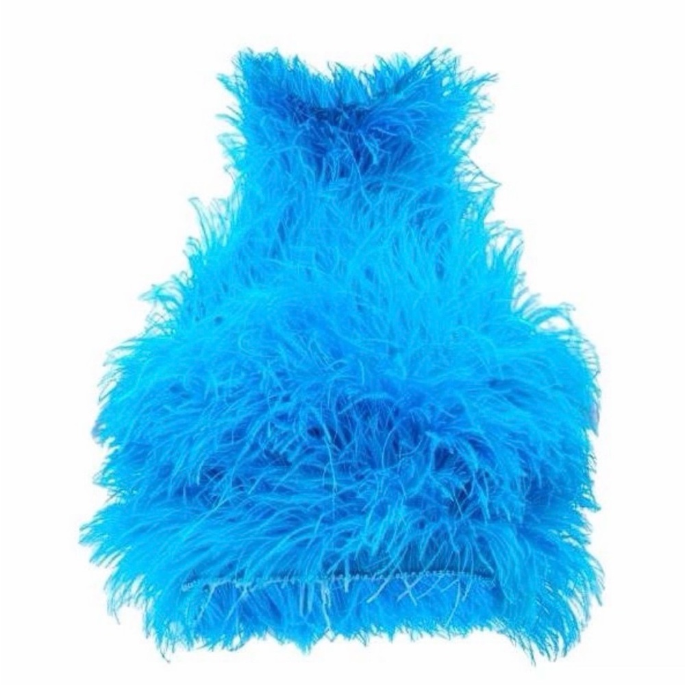 THE ATTICO Flamingo Blue Ostrich Feathers Stand Collar Top